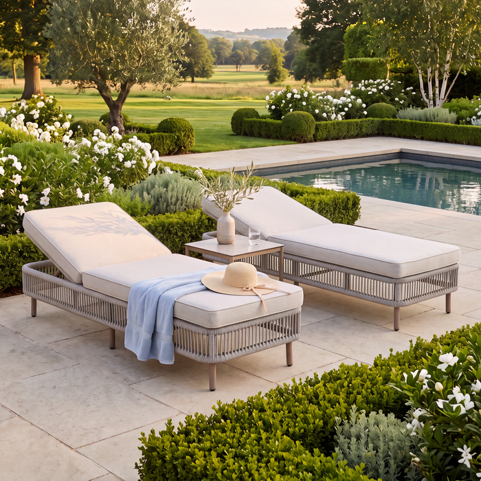 Havana Rope Weave Sunlounger Set with Square Side Table - Ceramic Glass
