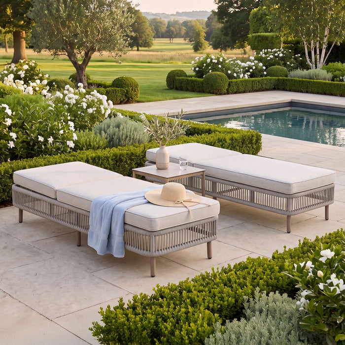 Havana Rope Weave Sunlounger Set with Square Side Table - Ceramic Glass
