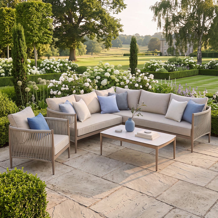 Havana Rope Weave Small Corner Sofa Set with Rectangular Coffee Table & Armchair - Ceramic Glass