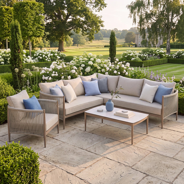 Havana Rope Weave Small Corner Sofa Set with Rectangular Coffee Table & Armchair - Ceramic Glass