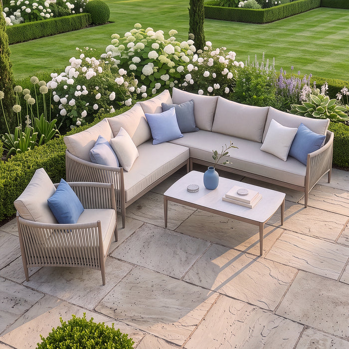 Havana Rope Weave Small Corner Sofa Set with Rectangular Coffee Table & Armchair - Ceramic Glass