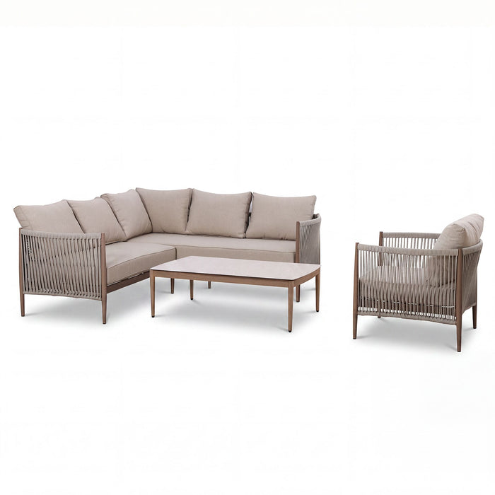 Havana Rope Weave Small Corner Sofa Set with Rectangular Coffee Table & Armchair - Ceramic Glass