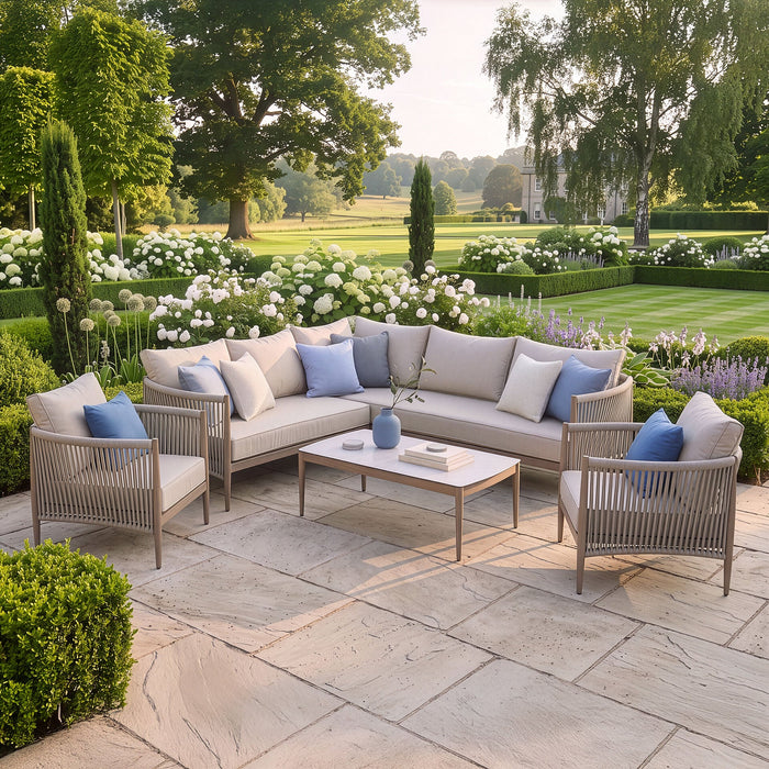 Havana Rope Weave Small Corner Sofa Set with Rectangular Coffee Table & 2 Armchairs - Ceramic Glass