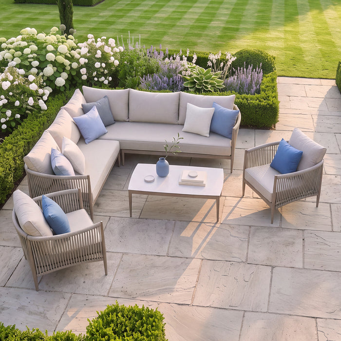 Havana Rope Weave Small Corner Sofa Set with Rectangular Coffee Table & 2 Armchairs - Ceramic Glass