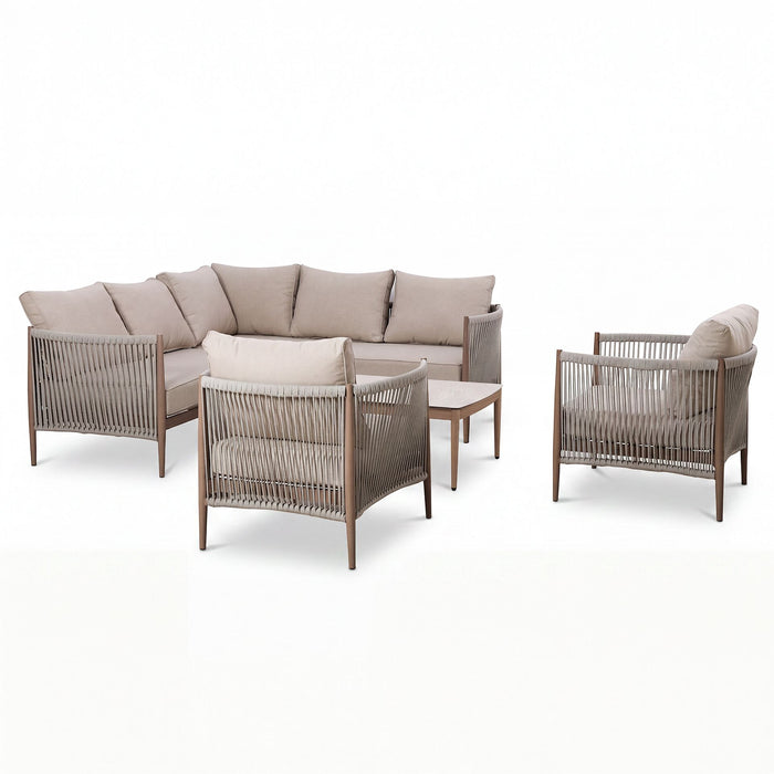 Havana Rope Weave Small Corner Sofa Set with Rectangular Coffee Table & 2 Armchairs - Ceramic Glass
