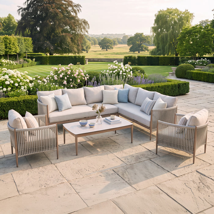 Havana Rope Weave Large Corner Sofa Set with Rectangular Coffee Table & 2 Armchairs - Ceramic Glass