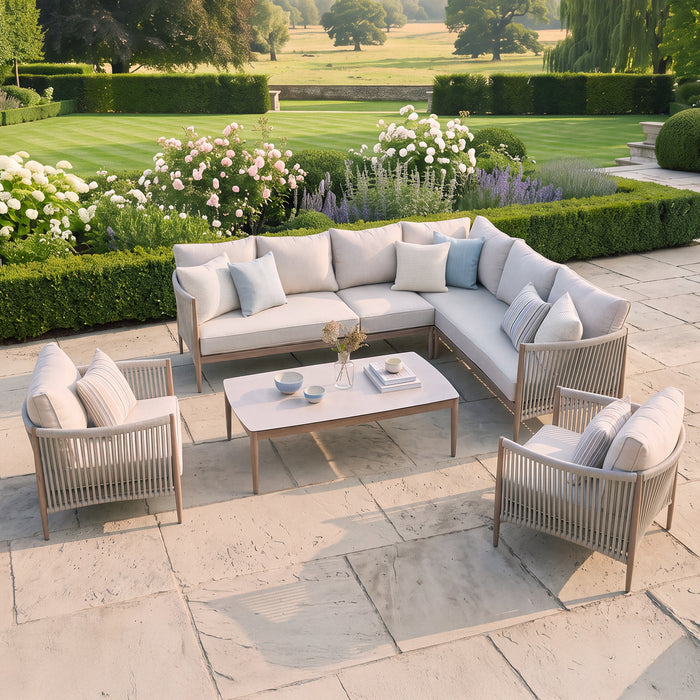 Havana Rope Weave Large Corner Sofa Set with Rectangular Coffee Table & 2 Armchairs - Ceramic Glass