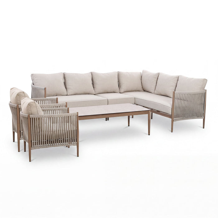 Havana Rope Weave Large Corner Sofa Set with Rectangular Coffee Table & 2 Armchairs - Ceramic Glass