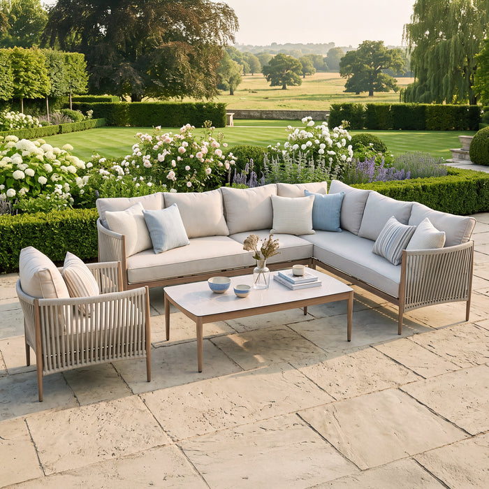 Havana Rope Weave Large Corner Sofa Set with Rectangular Coffee Table & Armchair - Ceramic Glass