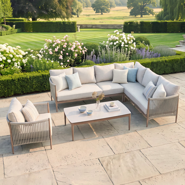 Havana Rope Weave Large Corner Sofa Set with Rectangular Coffee Table & Armchair - Ceramic Glass