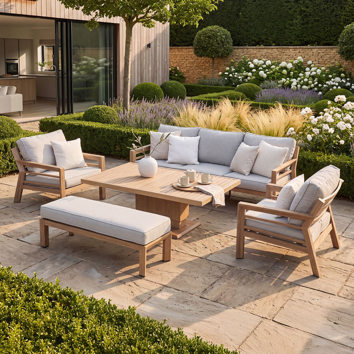 New York 3 Seat Sofa Wood Effect Aluminium Sofa Set with Rising Table - Almond