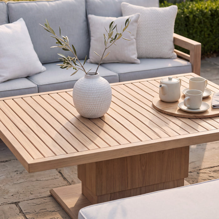 New York 3 Seat Sofa Wood Effect Aluminium Sofa Set with Rising Table - Almond