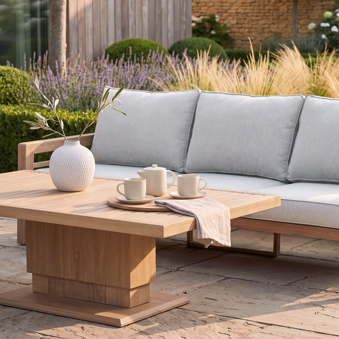New York 3 Seat Sofa Wood Effect Aluminium Sofa Set with Rising Table - Almond
