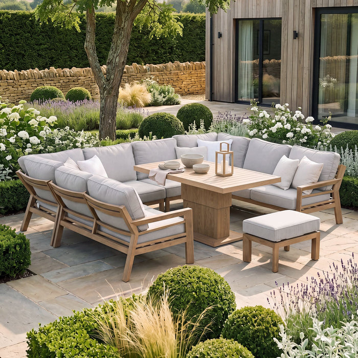 New York U-Shaped Aluminium Sofa Set with Rising Table - Wood Effect