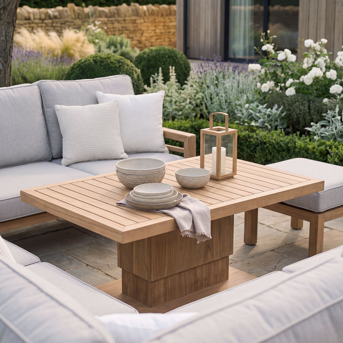 New York U-Shaped Aluminium Sofa Set with Rising Table - Wood Effect