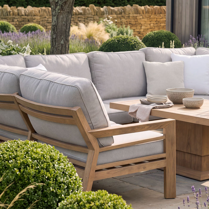 New York U-Shaped Aluminium Sofa Set with Rising Table - Wood Effect