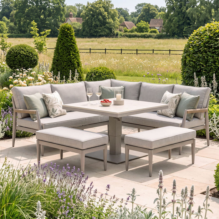 Cambridge Rattan Rope Corner Sofa Dining Set with Sintered Stone Rising Table & 2 Footstools
