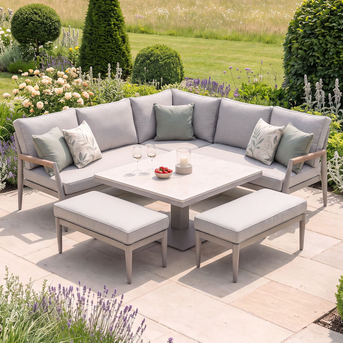 Cambridge Rattan Rope Corner Sofa Dining Set with Sintered Stone Rising Table & 2 Footstools