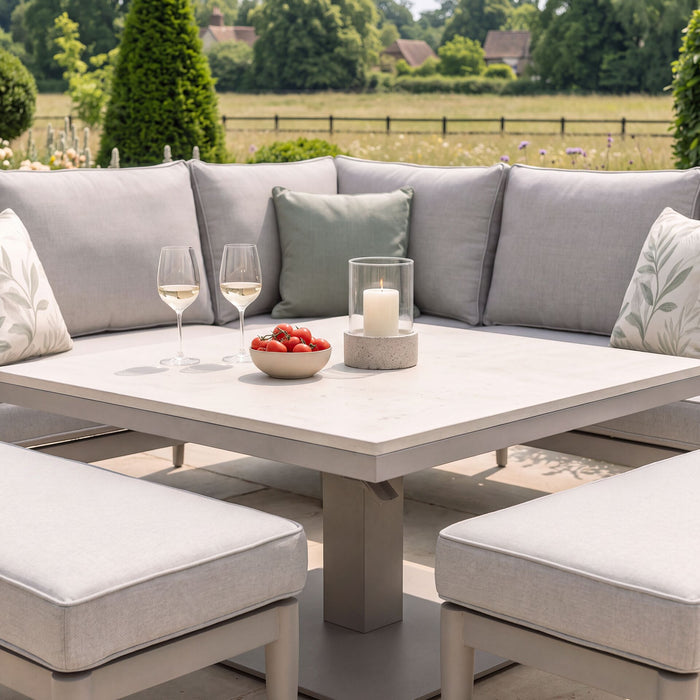Cambridge Rattan Rope Corner Sofa Dining Set with Sintered Stone Rising Table & 2 Footstools