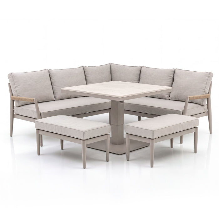 Cambridge Rattan Rope Corner Sofa Dining Set with Sintered Stone Rising Table & 2 Footstools