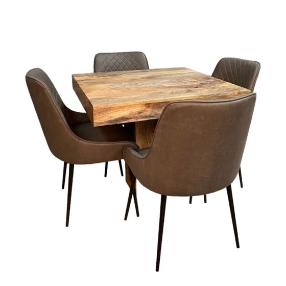 Acre & Artisan Light Solid Wood 90Cm Cube Dining Table Henley Faux Leather Dining Chairs