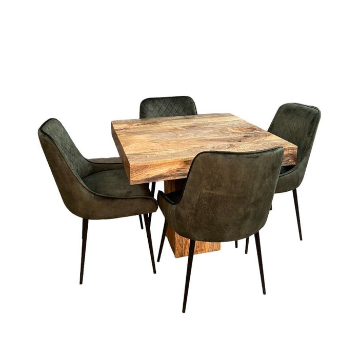 Light Mango Wood 90cm Cube Dining Table & 4 Henley Velvet Dining Chairs 7 Colours - In Stock