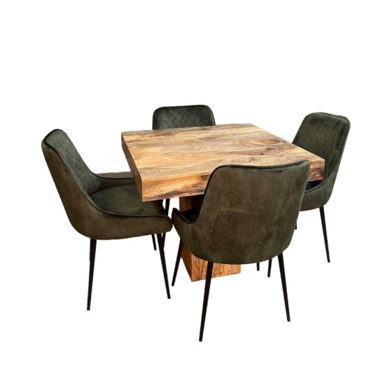Acre & Artisan Light Solid Wood 90Cm Cube Dining Table 4 Henley Velvet Dining Chairs