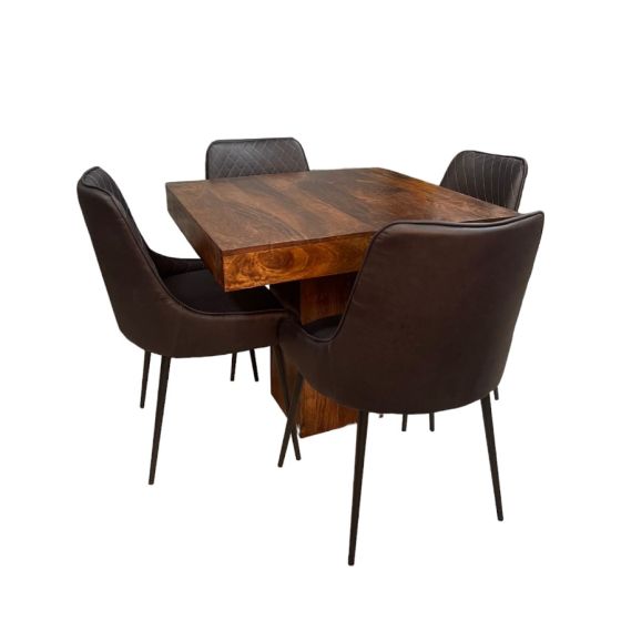 Acre & Artisan Solid Wood 90Cm Cube Dining Table 4 Henley Faux Leather Dining Chairs