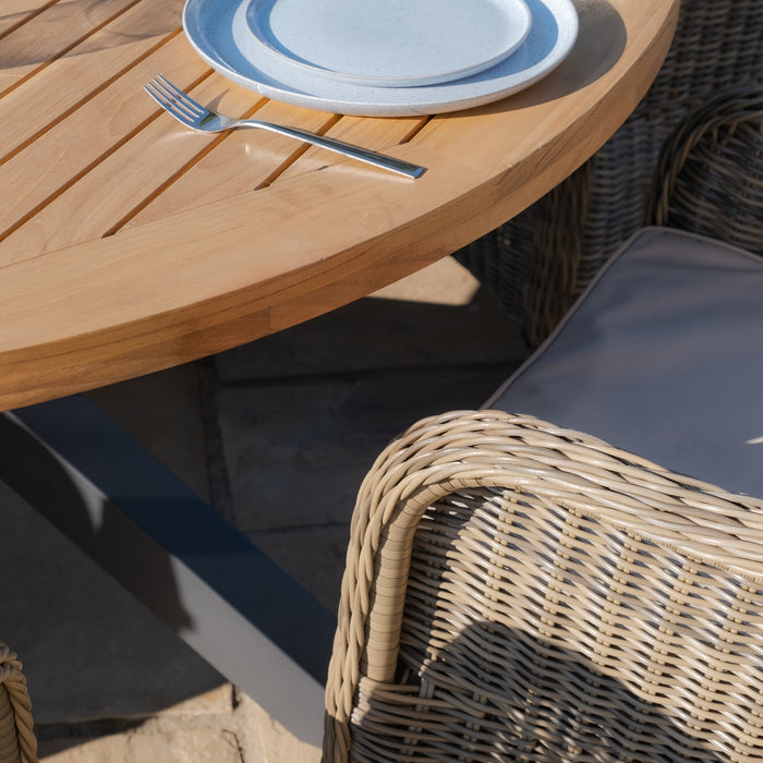 Jakarta Teak Round Dining Table with 6 Rattan Winchester Heritage Rattan Dining Chairs