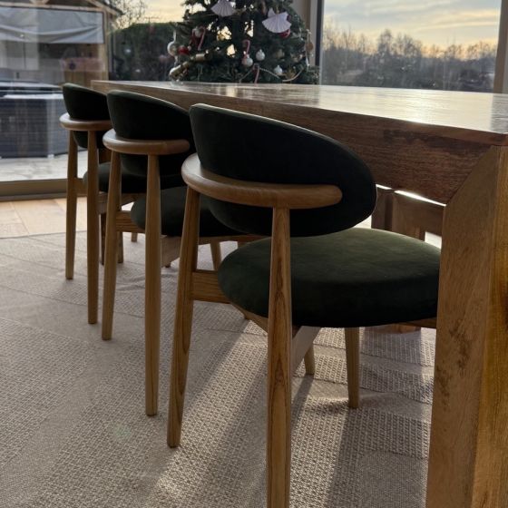 Acre & Artisan Light Solid Wood 220Cm Mango Wood Dining Table 8 Scandi Green Velvet Oak Dining Chair