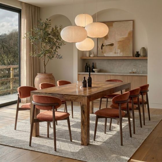 Acre & Artisan Light Solid Wood 220Cm Mango Wood Dining Table 8 Scandi Green Velvet Oak Dining Chair 5