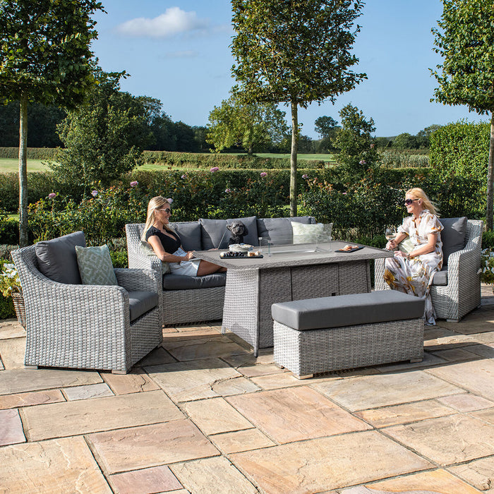 Ascot 3 Seat Rattan Sofa Dining Set with Fire Pit Table & Weatherproof Cushions