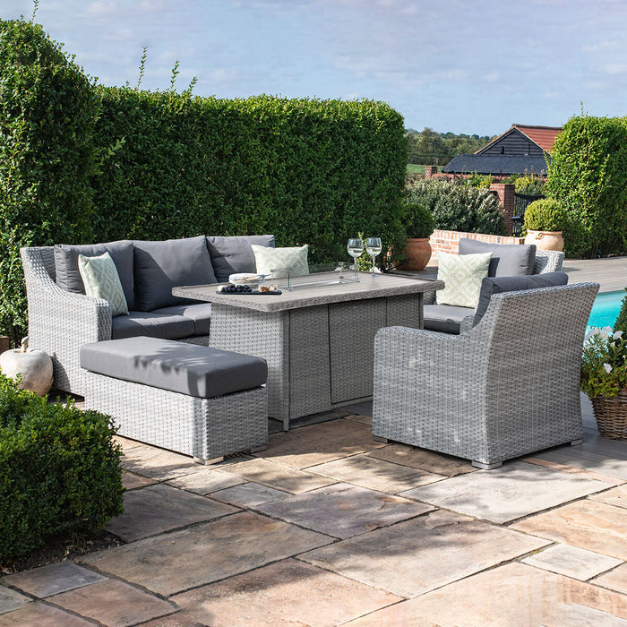 Ascot 3 Seat Rattan Sofa Dining Set with Fire Pit Table & Weatherproof Cushions