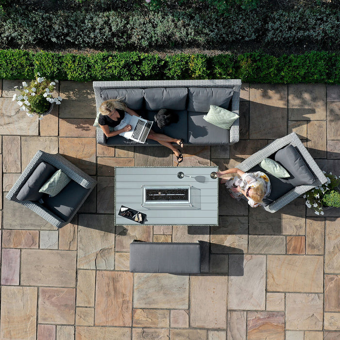 Ascot 3 Seat Rattan Sofa Dining Set with Fire Pit Table & Weatherproof Cushions