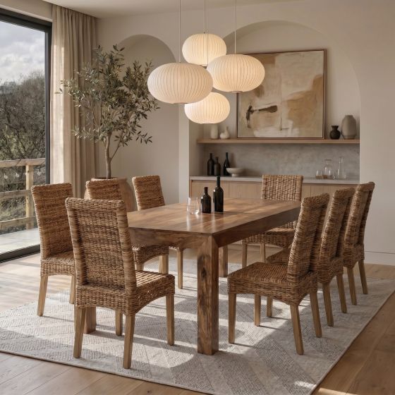 Acre & Artisan Solid Wood Light 220Cm Dining Table 8 Rattan Chairs