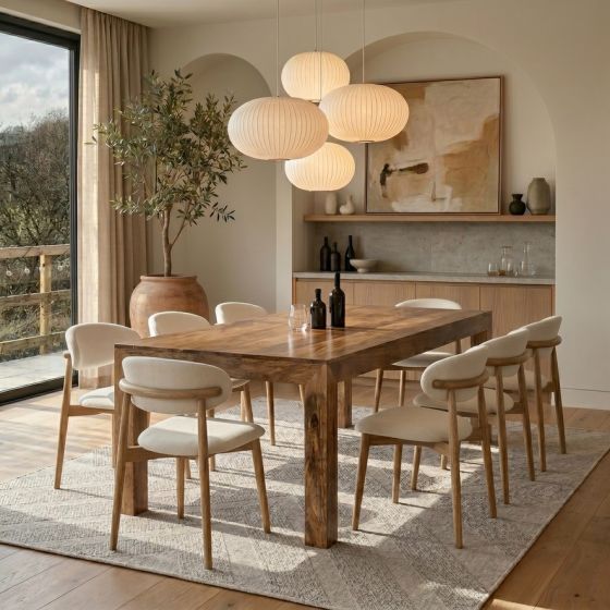 Acre & Artisan Light Solid Wood 220Cm Mango Wood Dining Table 8 Scandi Green Velvet Oak Dining Chair 1