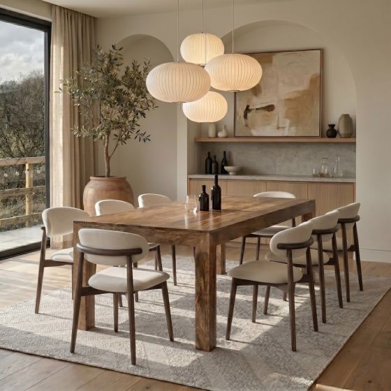 Acre & Artisan Light Solid Wood 220Cm Mango Wood Dining Table 8 Scandi Green Velvet Oak Dining Chair 3