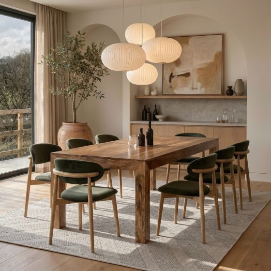 Acre & Artisan Light Solid Wood 220Cm Mango Wood Dining Table 8 Scandi Green Velvet Oak Dining Chair