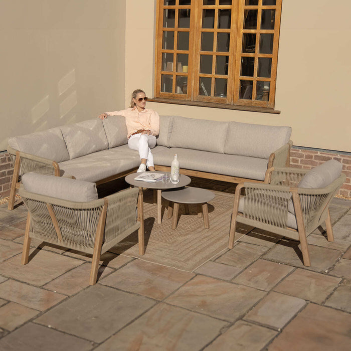 Martinique Rope Weave Corner Sofa Set with 2 Lounge Armchairs & 2 Round Coffee Tables