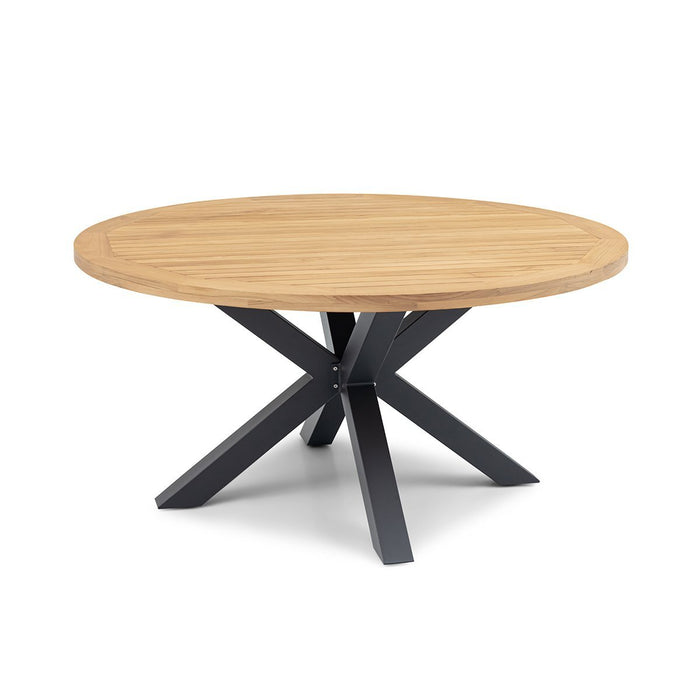 Jakarta Teak Round Dining Table with 6 Ambition Oatmeal Dining Chairs