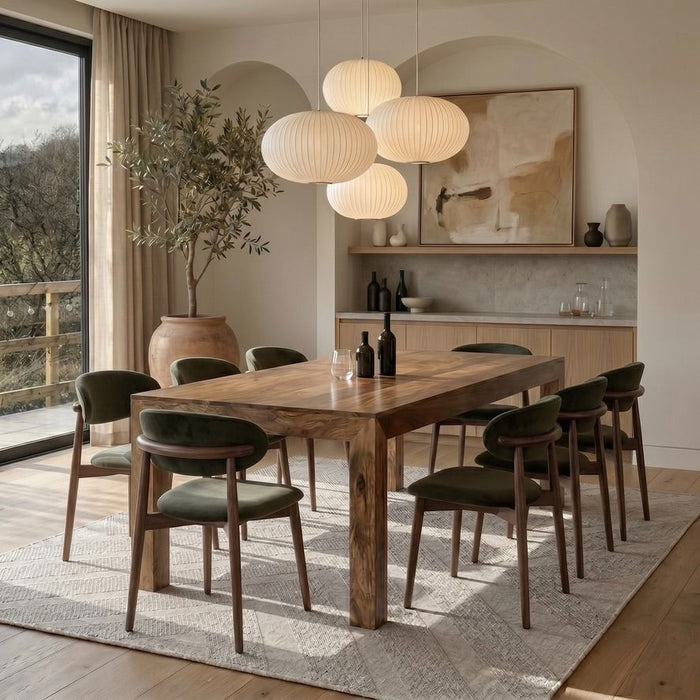 Light Dakota 220cm Mango Wood Dining Table & 8 Scandi Green Velvet Oak Dining Chair - In Stock