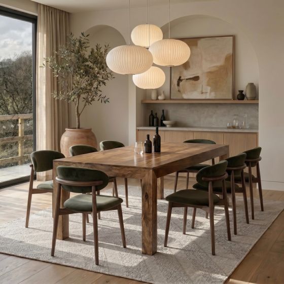 Acre & Artisan Light Solid Wood 220Cm Mango Wood Dining Table 8 Scandi Green Velvet Oak Dining Chair 4