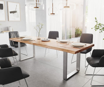 Dining Table Olympus Live Edge 260cm Acacia Wood Natural Square Frame Slim Steel 55mm Top