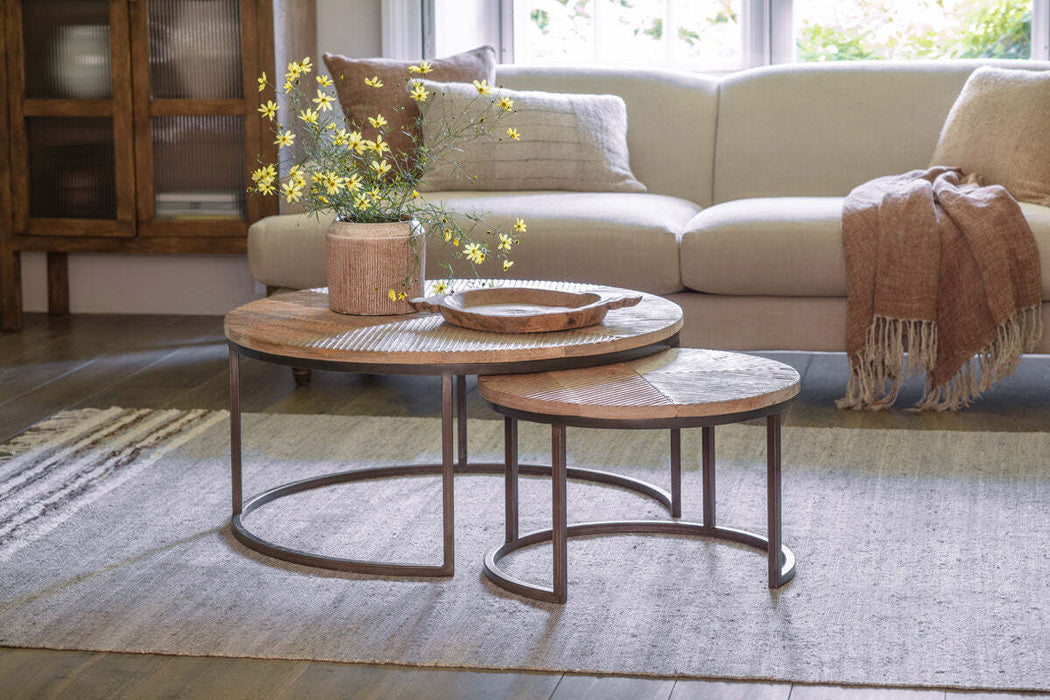 Aasha Carved Mango Wood & Iron Nesting Coffee Tables - Natural - Set of 2