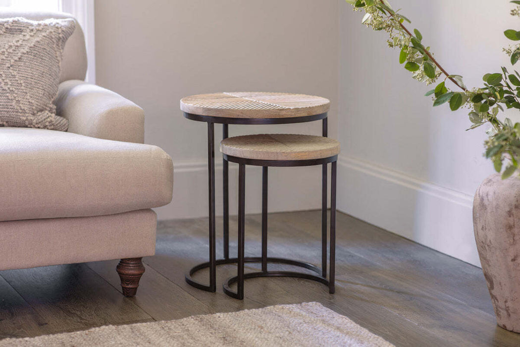 Aasha Carved Mango Wood & Iron Nesting Side Tables - Natural - Set of 2