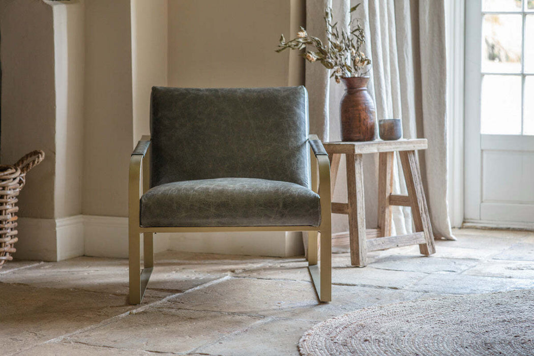 Adra Leather Brass Occasional Chair Moss Green