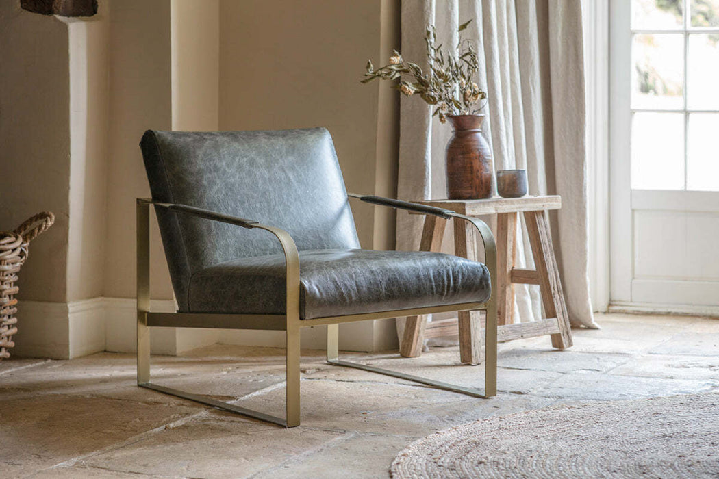 Adra Leather Brass Occasional Chair Moss Green