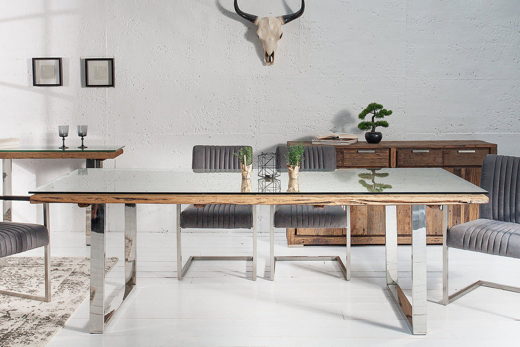 Dining Table Barracuda 180cm Recycled Teak Wood Brown With Glass Top