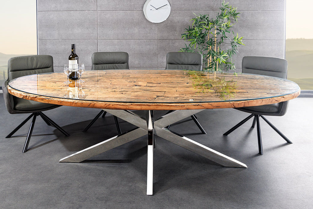 Oval Dining Table Barracuda 220cm Teak Wood Brown Cross Frame With Glass Top