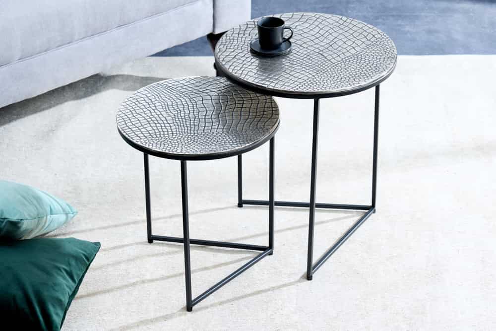 Set Of Two Round Nesting Coffee Tables Croco 35cm/40cm Metal Silver